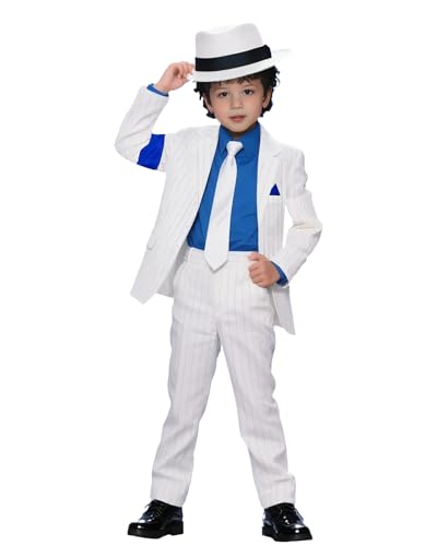 Koongso Superstar Michael-Kostüm für Kinder, Jungen, Pop-King, MJ, Cosplay-Outfits – weiß gestreift, Mantel, Hose, Krawatte, 80er-90er-Jahre-Kostüm, Halloween, Disco-Tanz-Bühne Koongso Superstar Michael-Kostüm für Kinder, Jungen, Pop-King, MJ, Cosplay-Outfits – weiß gestreift, Mantel, Hose, Krawatte, 80er-90er-Jahre-Kostüm, Halloween, Disco-Tanz-Bühne von Koongso