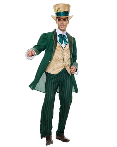 Koongso Verrückter Hutmacher Kostüm für Erwachsene – Jacke mit falscher Weste, Kragen, Hut und Hose, Wunderland-Buch-Figur, Kostüm für Erwachsene und Herren von Koongso