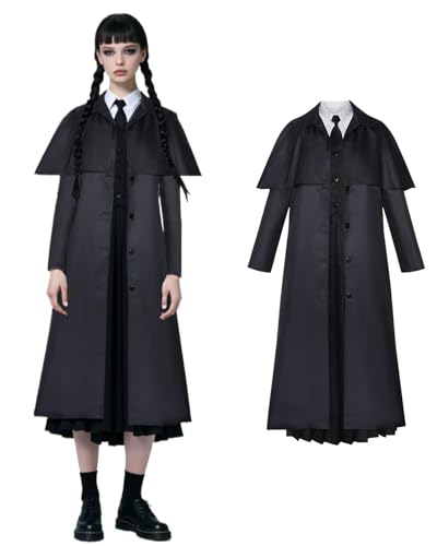 Koongso Wednesday-Kostüm für Damen, Gothic-Stil, Uniform-Set – karierter Mantel, Faltenrock, Hemd, Weste, Erwachsene, Halloween, Cosplay, Party-Outfits von Koongso