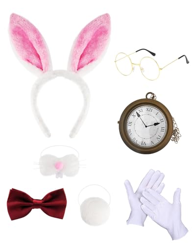 Koongso Weißes Kaninchenkostüm für Erwachsene, für Herren und Damen, Osterhasen-Kostüm mit Hasenohren, Stirnband, Schwanz, Nase, Taschenuhr, Fliege für Halloween, Kostümparty von Koongso