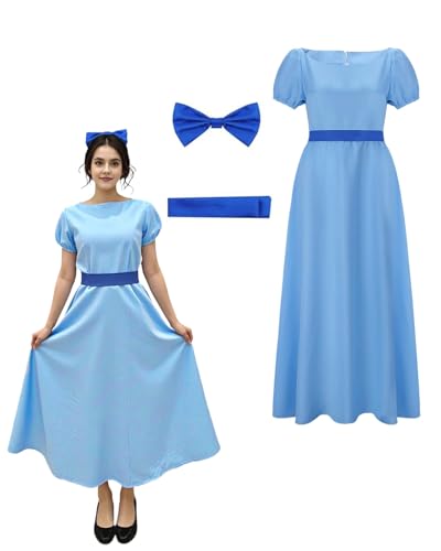 Koongso Wendy-Kostüm für Erwachsene, Damen, Mädchen, Rollenspiel, Wendy Darling, blaues Maxikleid mit Schleife, Kopfbedeckung, Halloween, Geburtstagsparty, Verkleidung von Koongso