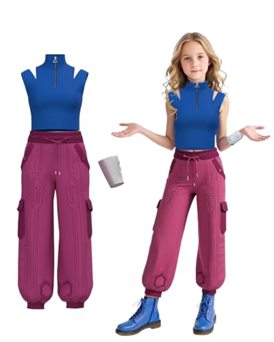 Koongso Zombies-Kostüm für Kinder, Teenager, Mädchen, Filmfigur, Addison, blau, ärmelloses Oberteil, Hose und Armband, 3-teilig, Schuluniform, Halloween-Outfits von Koongso