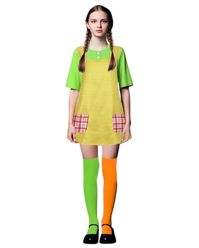 Langstrumpf-Kostüm-Set für Damen – Pippi-Kleid, Schürze und orange-grüne Strümpfe, Erwachsenen-Buchcharakter, Pippi-Kostüm für Halloween, Weltbuchtag von Koongso
