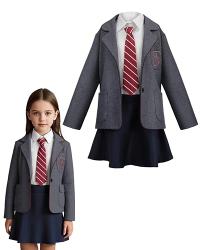 Mädchen Buchcharakter Kostüm Schuluniform Outfits – Graue Jacke, weißes Hemd, schwarzer Rock und Krawatte, Roald Dahl Welttag Kostüme für Kinder von Koongso