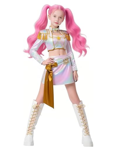 Mädchen K-Pop Dämonenjagd Bühnenkostüm, Anime Hunter Idol Mira Metallic Sparkly Performance Outfits Halloween Cosplay Party Dress Up von Koongso