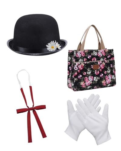 Magisches viktorianisches Kindermädchen-Kostüm-Set – schwarzer Bowlerhut mit Blumen, Fliege, weißen Handschuhen und Teppichtasche, Mary Nanny Weltbuchtag Kostüme für Mädchen, 4-teilig Magisches viktorianisches Kindermädchen-Kostüm-Set – schwarzer Bowlerhut mit Blumen, Fliege, weißen Handschuhen und Teppichtasche, Mary Nanny Weltbuchtag Kostüme für Mädchen, 4-teilig von Koongso