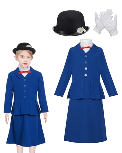 Magisches viktorianisches Kindermädchen-Kostüm für Mädchen, blaues Kleid, weiße Handschuhe, schwarzer Bowler-Hut und Fliege, Maria-Kindermädchen-Kostüme für Kinder Magisches viktorianisches Kindermädchen-Kostüm für Mädchen, blaues Kleid, weiße Handschuhe, schwarzer Bowler-Hut und Fliege, Maria-Kindermädchen-Kostüme für Kinder von Koongso