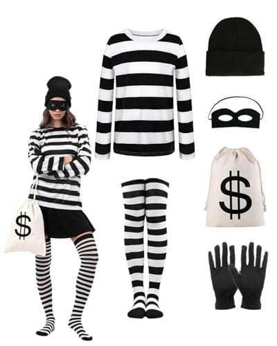 Räuber-Kostüm-Set für Damen, schwarz-weiß gestreiftes T-Shirt, Kniestrümpfe, Einbrecher, Augenmaske, Tasche, Hut, Erwachsene, Weltbuchtag, Buchwoche, Verkleidung Räuber-Kostüm-Set für Damen, schwarz-weiß gestreiftes T-Shirt, Kniestrümpfe, Einbrecher, Augenmaske, Tasche, Hut, Erwachsene, Weltbuchtag, Buchwoche, Verkleidung von Koongso