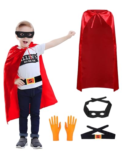 Superhelden-Kostüm-Set für Kinder – roter Umhang, Filzmaske, orangefarbene Handschuhe und schwarzer Gürtel, Kinderkostüm Weltbuchtag, Schulbuchwoche, Outfit Superhelden-Kostüm-Set für Kinder – roter Umhang, Filzmaske, orangefarbene Handschuhe und schwarzer Gürtel, Kinderkostüm Weltbuchtag, Schulbuchwoche, Outfit von Koongso