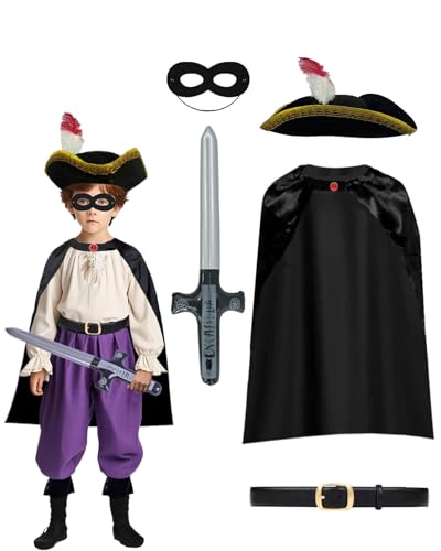 The Highway Nagetier-Kostüm-Set für Kinder, schwarzer Umhang, Hut und Feder, Maske, Schwert, Kinder, Katze, Bandit, Rattenräuber, Kostüm für Weltbuchtag, Halloween-Party The Highway Nagetier-Kostüm-Set für Kinder, schwarzer Umhang, Hut und Feder, Maske, Schwert, Kinder, Katze, Bandit, Rattenräuber, Kostüm für Weltbuchtag, Halloween-Party von Koongso