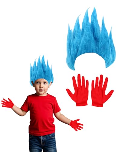 Welttag Kostüme für Jungen und Mädchen, Buchcharakter Ting 1 2 Verkleidung – blaue Perücke und rote Handschuhe, Kinder-Halloween-Kostüm, Schulbühnenzubehör von Koongso