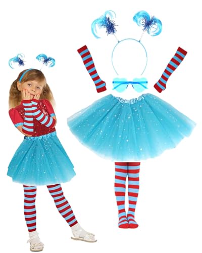 Welttag Kostüme für Mädchen, Thing 1 Thing 2 Buchcharakter, Kostüm, blaues Tutu, Kleid, Stirnband, gestreifte Kniestrümpfe für Schule, Buchwoche Welttag Kostüme für Mädchen, Thing 1 Thing 2 Buchcharakter, Kostüm, blaues Tutu, Kleid, Stirnband, gestreifte Kniestrümpfe für Schule, Buchwoche von Koongso