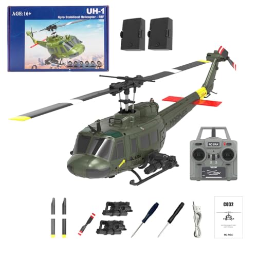 C032 UH-1 Huey Ferngesteuerter Hubschrauber, 1/48 Scale Flybarless RC Helikopter mit Optical Flow Positioning mit Höhenhaltung & Optical Flow Geschenk für Militärische Enthusiasten (Armeegrün) von Kopeetechy