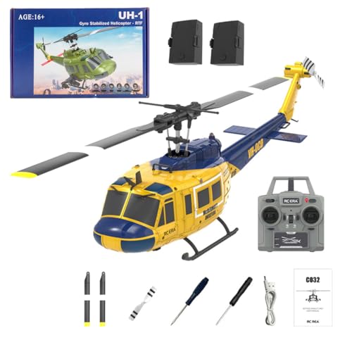 C032 UH-1 Huey Ferngesteuerter Hubschrauber, 1/48 Scale Flybarless RC Helikopter mit Optical Flow Positioning mit Höhenhaltung & Optical Flow Geschenk für Militärische Enthusiasten (Gelb-blau) von Kopeetechy