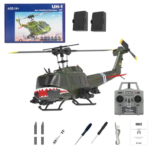 C032 UH-1 Huey Ferngesteuerter Hubschrauber, 1/48 Scale Flybarless RC Helikopter mit Optical Flow Positioning mit Höhenhaltung & Optical Flow Geschenk für Militärische Enthusiasten (Haifischmaul) von Kopeetechy
