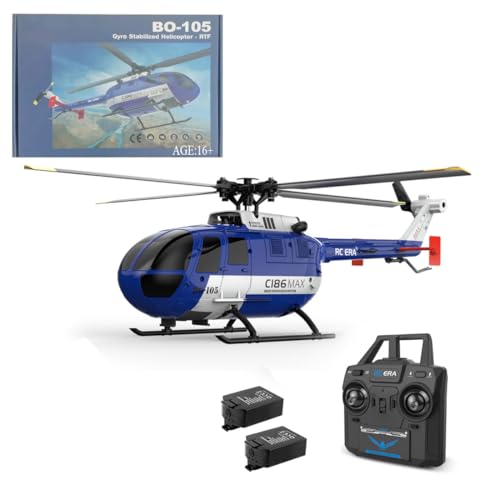C186MAX RC Hubschrauber, BO105 Ferngesteuertes Helicopter, 2.4G 4CH Sechs-Achsen-Gyroskop Single Flybarless Hubschrauber Spielzeug mit Modularen Akkus Militär Hubschrauber Spielzeug (2 Batterien) von Kopeetechy
