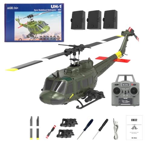 Kopeetechy C032 UH-1 Huey Ferngesteuerter Hubschrauber, 1/48 Scale Flybarless RC Helikopter mit Optical Flow Positioning mit Höhenhaltung & Optical Flow Geschenk für Militärische Enthusiasten von Kopeetechy