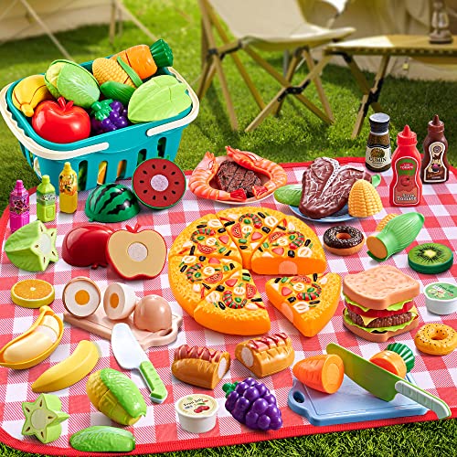 Kopi Corgi Pretend Play Food Sets für Kinderküche, 67-teiliges Picknick-Spielzeug, Schneiden von Obst und Gemüse, Geschenk-Rollenspiel-Spielzeug für Jungen und Mädchen von 3 bis 4 bis 5 Jahren von Kopi kopi corgi