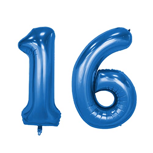 Kopper-24 Folienballon Zahl 16 Set; ca. 100 cm, blau - Helium geeignet - Luftballon XXL Nummer Riesen Ballon Zahlenballon Mädchen Junge Deko Riesenzahl Party Hochzeit Kindergeburtstag zum Geburtstag von Kopper-24