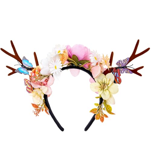 KorViSHOW Rosa Blume Geweih Stirnband - Handgemachte Wald Hirsch Geweih Blumenkrone Waldfee Floral Kopfschmuck mit Hirschhörnern für Frauen Mädchen Renfaire Elfe Cosplay Halloween Party Zubehör von KorViSHOW