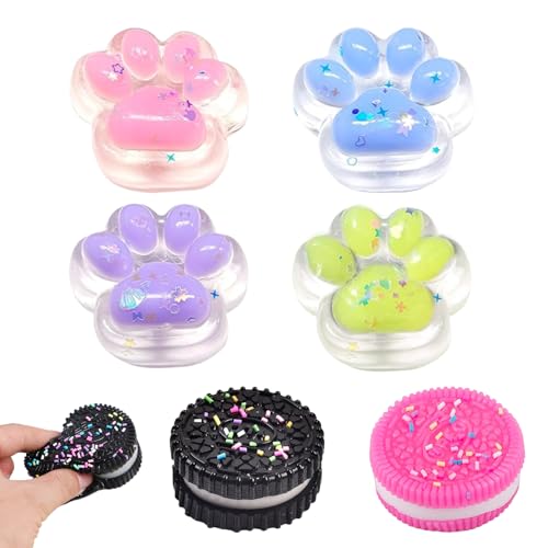 2 Stück Keks Stress Relief Spielzeug und 4 Squishy Mini Katze Pfote Spielzeug, Keks Fufu Spielzeug, Silikon Squeeze Toy für Kinder und Erwachsene von Korsaot