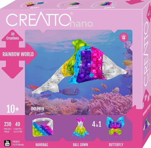KOSMOS 3829 CREATTO Regenbogen 3D-Leuchtfiguren entwerfen, 3D-Puzzle-Set für Delfin, Handtasche, Ballkleid, Schmetterling, kreative Zimmer-Deko, 230 Steckteile, 40-TLG LED-Lichterkette von Kosmos