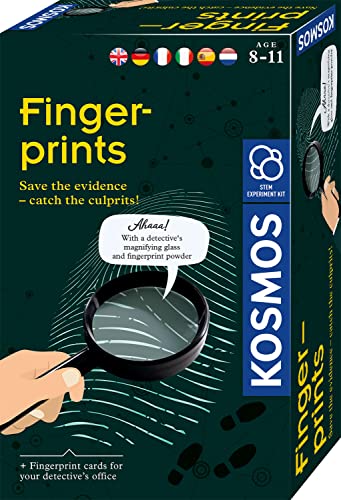 KOSMOS 616793 Fingerprints-Fingerabdrücke-Spurensicherung und Täter überführen Detektiv Experimentier Set für Kinder mit mehrsprachiger Anleitung (DE, EN, FR, IT, ES, NL) von Kosmos