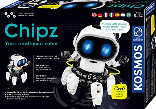 KOSMOS 617127 Chipz - Dein intelligenter Roboter, mit mehrsprachiger Anleitung, für Kinder ab 8-14 Jahre, folgt Bewegungen, weicht Hindernissen aus, Licht- und Soundeffekte, Roboter-Spielzeug von Kosmos