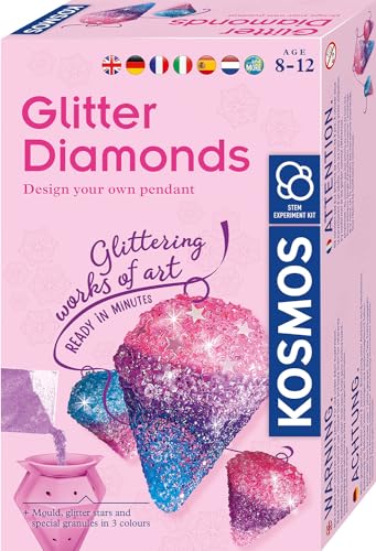 KOSMOS 617189 Glitzer-Diamanten, Funkelnde Schmuck-Anhänger gestalten, mit Gießformen, Schmuckbändern, Glitzer, Granulat in 3 Farben, Experimentierset für Kinder von 8-12 Jahren, Multisprache von Kosmos