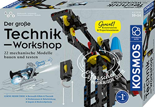 KOSMOS 620851 Der große Technik-Workshop, 22 mechanische Modelle Bauen, testen, Spielen, u.a. U-Boot, Stoßdämpfer, Roboter-Arm, Experimentierkasten für Kinder, ab 10-14 Jahre, Mint von Kosmos