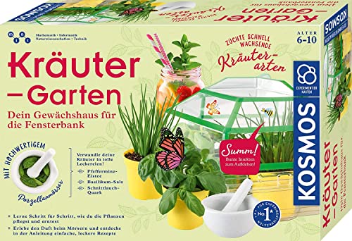 KOSMOS 632090 - Kräuter-Garten, Züchte duftende Kräuter auf der Fensterbank, Mit Gewächshaus und Mörser aus Porzellan, Experimentierkasten für Kinder ab 6 Jahre von Kosmos