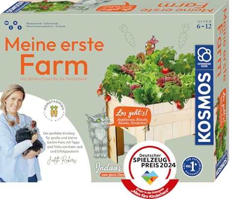 KOSMOS 637262 Meine erste Farm mit Judith Rakers, Minihochbeet für die Fensterbank, Gemüse Pflanzset für Kinder ab 6 Jahre mit Samen für Kresse, Salat, Radieschen und Tomate von Kosmos