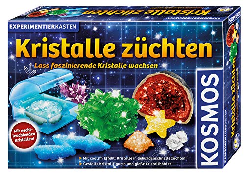 KOSMOS 643522 Kristalle züchten. Lass faszinierende Kristalle wachsen. Komplett-Set, nachtleuchtende, glitzernde Kristalle, Blitzkristalle, Druse, Schatztruhe, Deko, Experimentierkasten von Kosmos