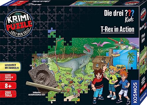 Die drei ??? Kids - Krimi Puzzle - T-Rex in Action von KOSMOS 680657, 200 Teile, Leuchtet im Dunkeln, Lesen, Puzzeln, Rätsel lösen, Detektiv Puzzle für Kinder ab 8 Jahre von Die drei ???
