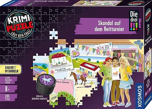 KOSMOS 680725 Krimi Puzzle Die DREI !!! Skandal auf dem Reitturnier, 200 Teile, Leuchtet im Dunkeln, Lesen, Puzzeln, Rätsel lösen, Pferde Puzzle für Kinder ab 8 Jahre von Kosmos