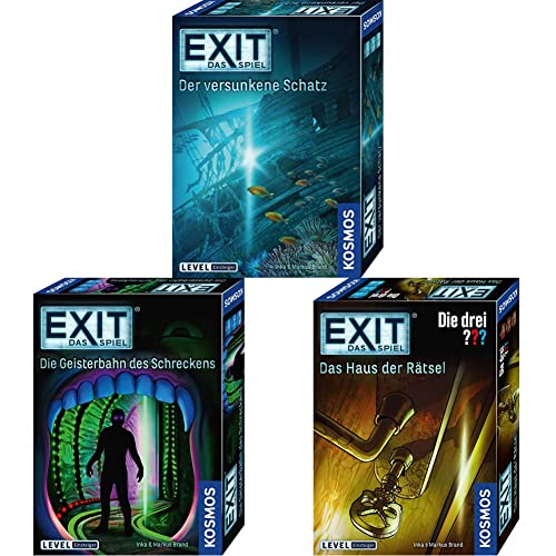 KOSMOS EXIT - Das Spiel - Bundle, Einsteiger Level: Der versunkene Schatz, Die Geisterbahn des Schreckens und Das Haus der Rätsel, Escape Room Spiele für 1-4 Personen von Kosmos
