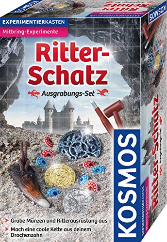 KOSMOS Ritter-Schatz Ausgrabungs-Set, Für Mittelalter-Fans und kleine Archäologen. Mit Drachenzahn, Metall-Münzen, Medaillon, Spielsteine, Experimentierset mit Hammer und Meißel, Für Kinder ab 7 von Kosmos