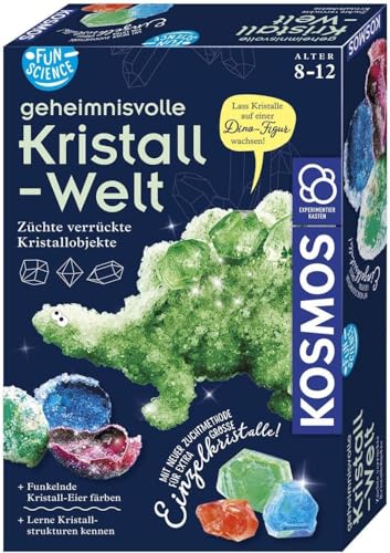 KOSMOS 654153 Fun Science - Geheimnisvolle Kristall-Welt, Verrückte Kristall-Objekte selbst züchten, Einzelkristalle, Tropfstein-Kristalle, Dino aus Kristallen, Experimentierset für Kinder ab 8 Jahre von Kosmos