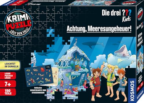 Die drei ??? Kids - Krimi Puzzle - Achtung, Meeresungeheuer von KOSMOS 680664, 150 Teile, Leuchtet im Dunkeln, Lesen, Puzzeln, Rätsel lösen, Detektiv Puzzle für Kinder ab 7 Jahre von Die drei ???