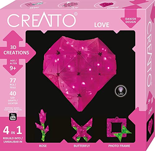 Kosmos 3493 CREATTO Love 3D-Leuchtfiguren entwerfen, 3D-Puzzle-Set für Herz, Rose, Schmetterling oder Bilderrahmen, gestalte kreative Zimmer Deko, 77 Steckteile, 40-TLG. LED-Lichterkette von Thames & Kosmos
