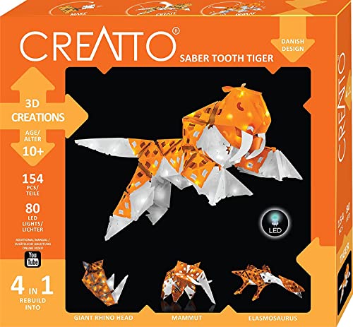 KOSMOS 3676 CREATTO Säbelzahntiger, 3D-Leuchtfiguren entwerfen, 3D-Puzzle-Set für Säbelzahntiger, Echse, Nashornkopf, Mammut, kreative Zimmer-Deko, 154 Teile, 80-TLG LED-Lichterkette von Kosmos
