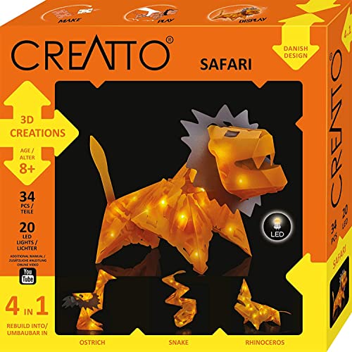 KOSMOS 3553 CREATTO Safari 3D-Leuchtfiguren entwerfen, 3D-Puzzle-Set für Löwe, Vogelstrauß, Schlange, Nashorn, kreative Zimmer-Deko, 34 Steckteile, 20-tlg LED-Lichterkette von Thames & Kosmos