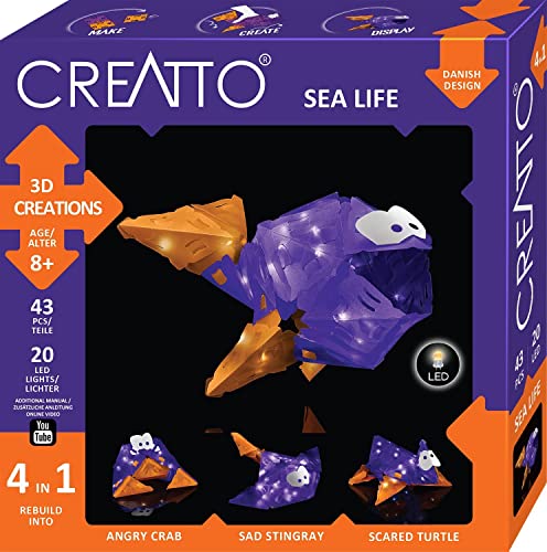 KOSMOS 3591 CREATTO Wasserwelt 3D-Leuchtfiguren entwerfen, 3D-Puzzle-Set für Fisch, Schildkröte, Krabbe, Rochen, kreative Zimmer-Deko, 43 Steckteile, 25-TLG LED-Lichterkette von Kosmos