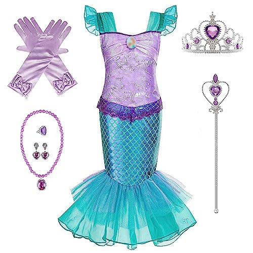 Kosplay Mädchen Ariel Prinzessin Kostüm mit Accessoires Meerjungfrau Verkleidung Kinder Geburtstag Party Weihnachten Halloween Karneval Cosplay Prinzessin Kleid von Kosplay