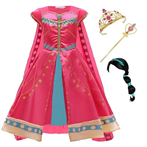 Kosplay Mädchen Prinzessin Jasmin Kostüm Kinder Aladdin Kostüm mit Perücke Haarschmuck Jasmin Kleid Karneval Verkleidung Halloween Party Prinzessin Cosplay Kostüme 3-11 Jahre von Kosplay