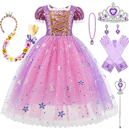 Kosplay Mädchen Prinzessin Rapunzel Kostüm mit Accessoires Kinder Prinzessin Verkleidung Geburtstag Party Weihnachten Halloween Karneval Cosplay Prinzessin Kleid von Kosplay