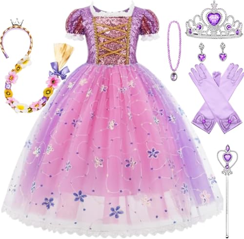 Kosplay Mädchen Prinzessin Rapunzel Kostüm Puffärmel Prinzessin Verkleidung Kinder Prinzessin Kleid mit Zubehör Geburtstag Party Weihnachten Halloween Karneval Cosplay Kleider von Kosplay