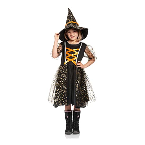 Kostümplanet® Hexenkostüm Kinder mit Hut Mädchen Hexen Kostüm Halloween Hexe (104, Schwarz-Orange) von Kostümplanet