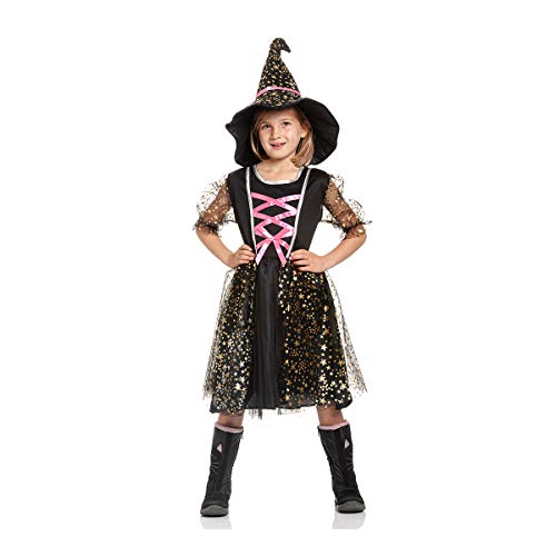 Kostümplanet® Hexenkostüm Kinder mit Hut Mädchen Hexen Kostüm Halloween Hexe (104, Schwarz-Rosa) von Kostümplanet