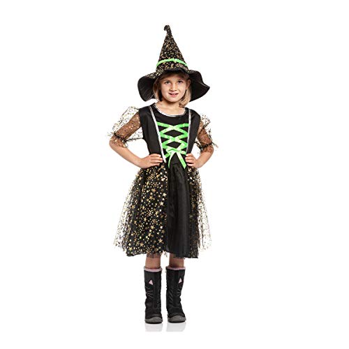 Kostümplanet® Hexenkostüm Kinder mit Hut Mädchen Hexen Kostüm Halloween Hexe (116, Schwarz-Grün) von Kostümplanet